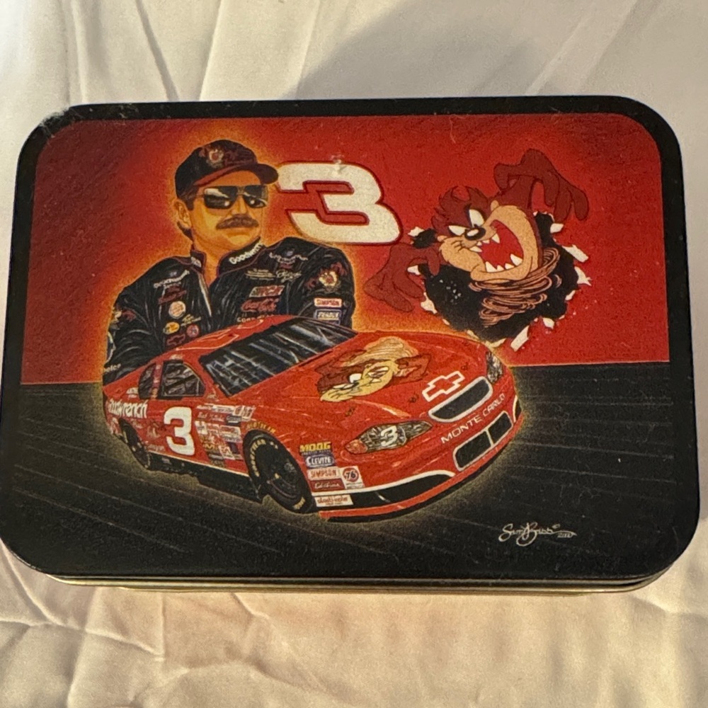 Red NASCAR Tin Box with Cartoon Design.